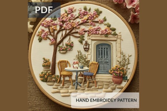 French Courtyard Embroidery Pattern PDF