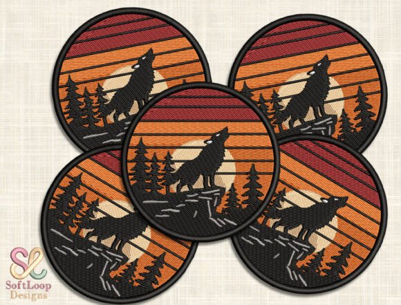 Howling Wolf Sunset Embroidery Design