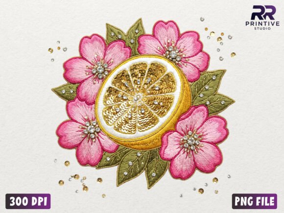 Sequin Lemon Floral Embroidery PNG