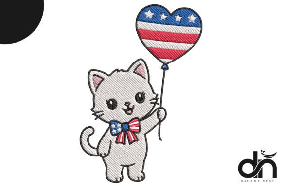 USA Flag Kitten Heart Balloon Embroidery
